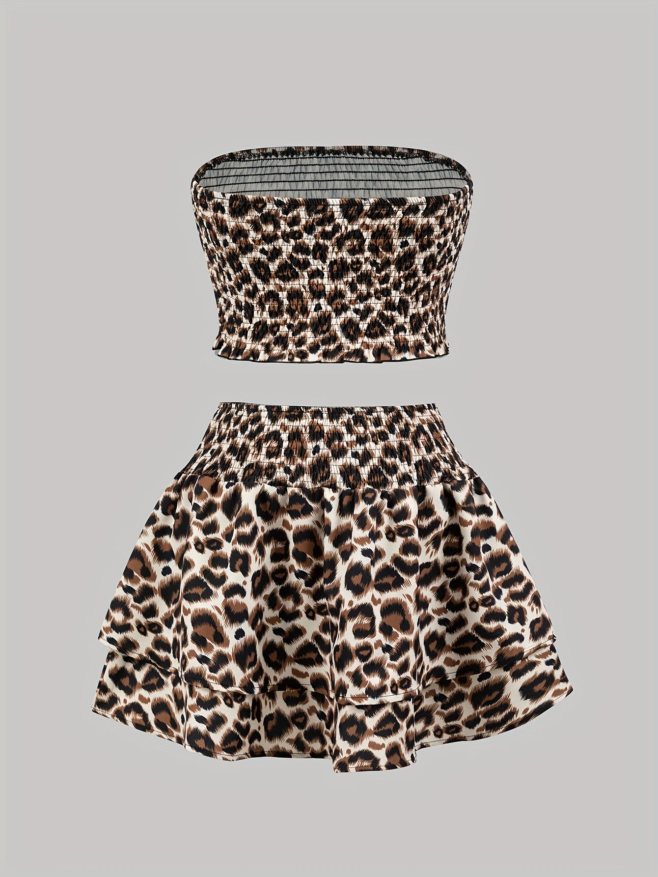 Women's sweet leopard print tube top and layered skirt woven two-piece fashion suit Elegant spring/summer print skirt 2pcs set